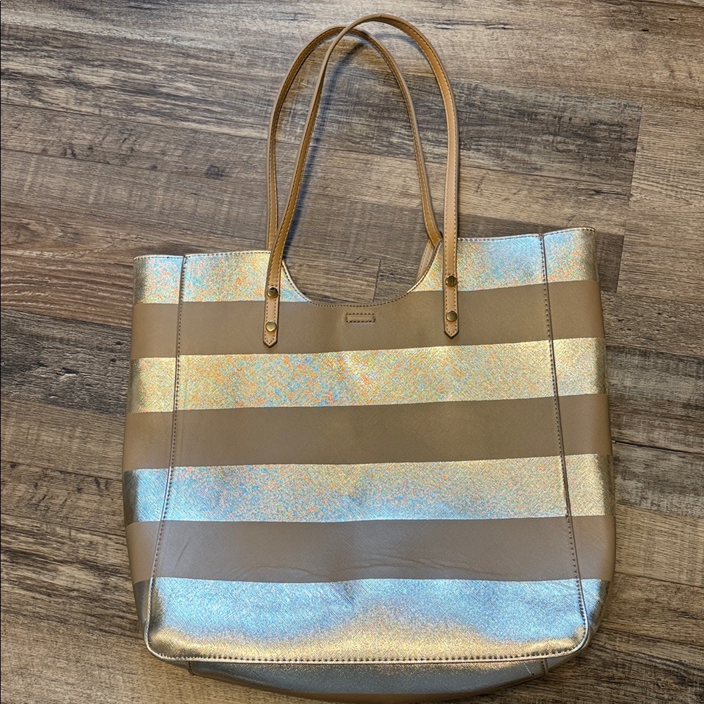 Madison West LA Striped Tote Bag in Gold and Nude